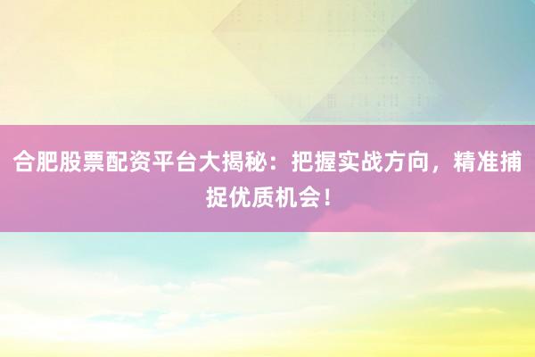 合肥股票配资平台大揭秘:把握实战方向,精准捕捉优质机会!